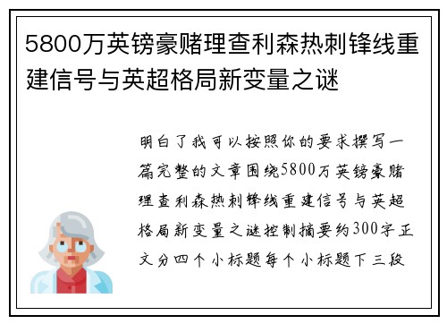 5800万英镑豪赌理查利森热刺锋线重建信号与英超格局新变量之谜